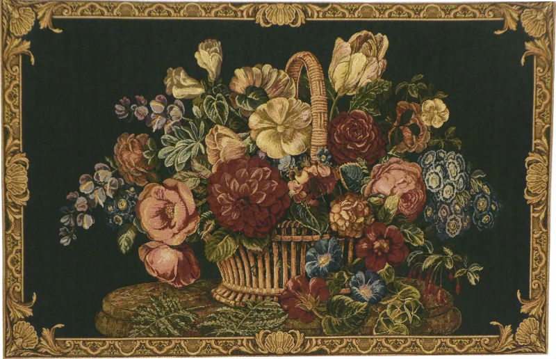 Peony Flower Bouquet Authentic Italian Tapestry in Black Background 