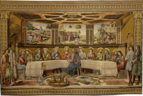 The Sistine Chapel Last Supper tapestry -- fresco by Cosimo Rosselli