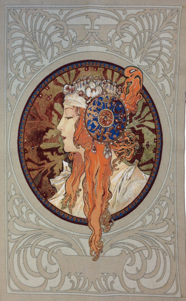 Mucha Auburn Red Byzantine Head - Art Nouveau tapestry